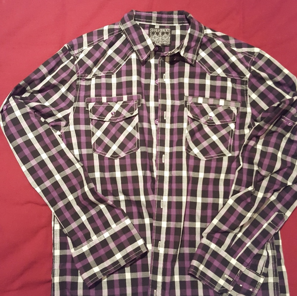 Black,  white and purple plaid button down shirt